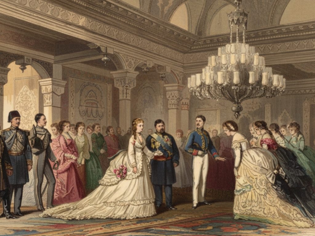 "A historical illustration of French Empress Eugénie's landmark visit to Dolmabahçe Palace, a pivotal moment in 19th-century diplomacy that symbolized the opening of the Ottoman Harem to the world.