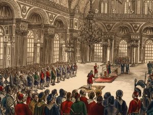 A 19th-century painting depicting the Bayram (holiday) ceremony in the magnificent Blue Hall of Dolmabahçe Palace, showcasing the new, European-style court etiquette of the modern Ottoman Sultanate.