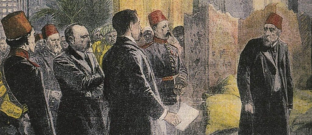 A 19th-century color illustration depicting a tense scene where Ottoman officials and pashas confront an individual based on a 'jurnal' (spy report), capturing the atmosphere of fear and suspicion fostered by the spy network Hafiye Teşkilatı.