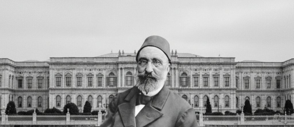 We see Mithat pasha in front of dolmabahce palace. Ai Generated.