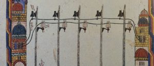 An Ottoman-era illustration depicting a modern telegraph line with poles and insulators connecting two traditional towers, symbolizing the technological modernization of the empire.