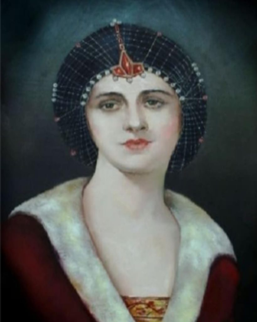 A formal portrait of Rahime Perestu Valide Sultan, the last Valide Sultans of Dolmabahce and Ottoman Empire. She is depicted with a calm expression, wearing an elegant, pearl-studded dark headdress and a red gown with a white fur collar, representing the final era of royalty at Dolmabahçe Palace.