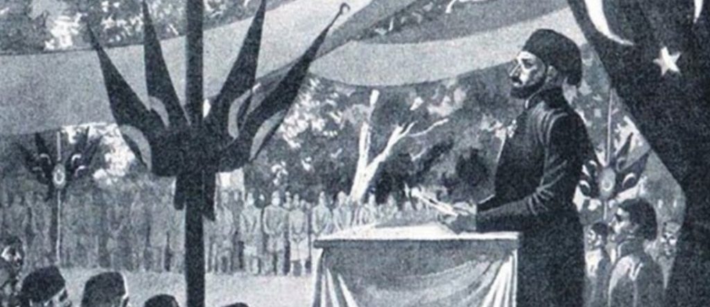 A historical black-and-white illustration depicting Mustafa Reşid Pasha proclaiming the Tanzimat Edict (Gülhane Hatt-ı Hümayunu) to state officials and soldiers in Gülhane Park in 1839.